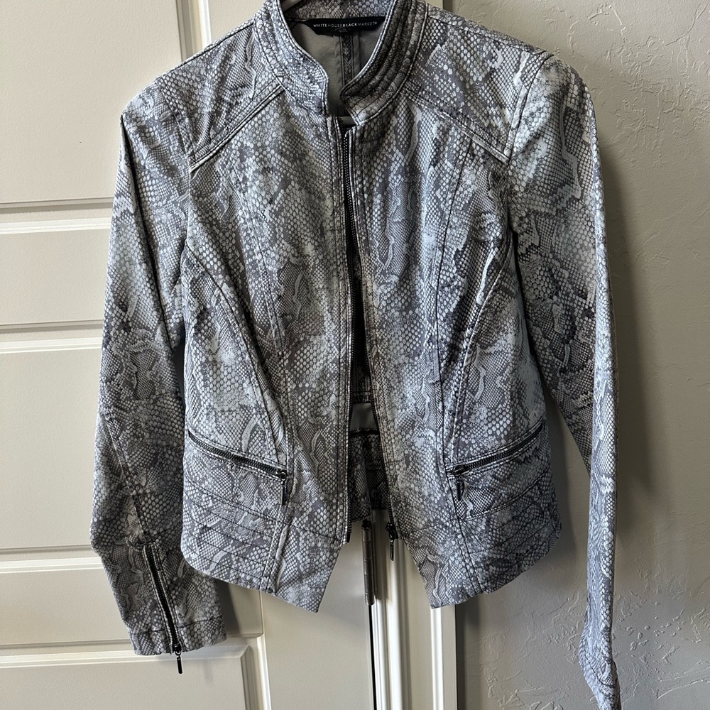 White House Black Market Gray Snake Print Bomber Jacket